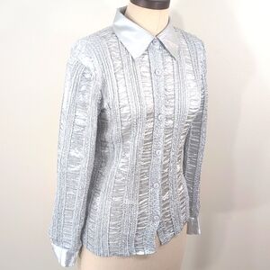 Vintage metallic ruched, stretchy long sleeve button up. Once Again. Medium